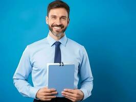 Male teacher holding notepad on blue wall photo