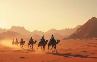 People riding camels on a sand dune in the desert photo