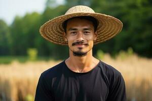 granjero en un arroz campo foto