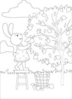 Coloring book with a bunny in a dress that harvests lemons vector