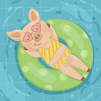 cerdito en un amarillo traje de baño en un inflable circulo en el piscina vector