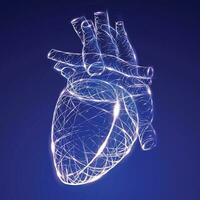 Illustration of glowing curved lines in the shape of a heart on a dark blue background. vector