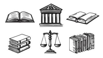 Law symbols set, Scales vector hand drawn, line drawing black on white background