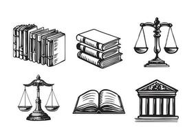 Law symbols set, Scales vector hand drawn, line drawing black on white background