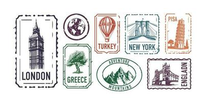 Collection of city stamps, London, Turkey, Greece, New York, Pisa, Mountains vector