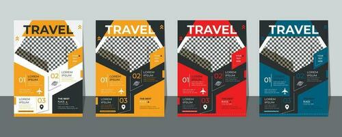 Travel business promotion web banner template design for social media. Travelling, tourism or summer holiday tour online marketing flyer, post or poster with abstract graphic background and logo. vector