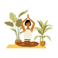 mujer meditando en casa. Ilustración del concepto de yoga, meditación, relajación, recreación, estilo de vida saludable. ilustración en estilo de dibujos animados plana. vector