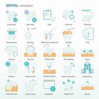 Dental icon set - Pixel perfect vector, Flat Icons. Same as Check up, Cleaning, Dental Crown, Fill Teeth, Root Canel Treatment, Scaling, X ray, Take Out, Falling Teeth, Overlapping, Brace, etc. vector