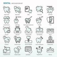 dental icono conjunto - color línea iconos mismo como cheque arriba, limpieza, dental corona, llenar dientes, raíz canal tratamiento, escalada, X rayo, tomar afuera, que cae dientes, superposición, abrazadera, etc. vector