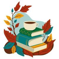 otoño acogedor ilustración. un apilar de libros y un taza de té. otoño hojas. vector ilustración en dibujos animados estilo.