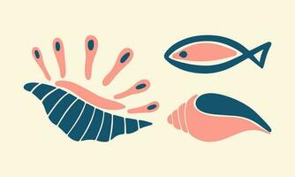 marine elements of the underwater world, shells, corals, fish, algae, bubbles, vector illustration in flat style, minimalism