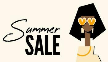 advertising banner, summer sale, fashion industry, girl in sunglasses, flat style, minimalism vector