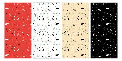abstract seamless pattern, small details, rice, leaves, mugs, a set of patterns on a black, white, red and pastel background vector
