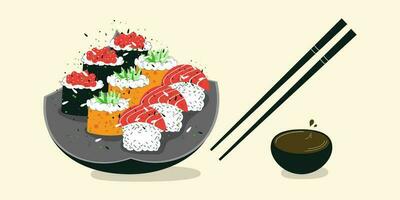 Sushi conjunto en dibujos animados estilo, vector ilustración en plano estilo