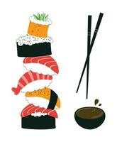 Sushi conjunto en dibujos animados estilo, vector ilustración en plano estilo