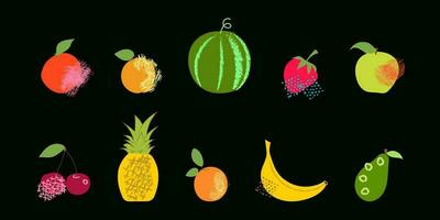 Set of fruits in flat style, illustration with texture. Pineapple, banana, cherry, orange and other fruits. vector