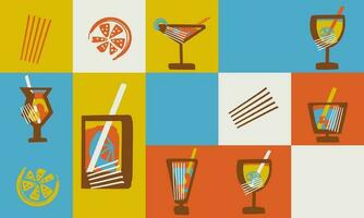 Background pattern with drinks, glasses, cauldrons. Seamless pattern hand drawing. Vector illustration in retro style. Geometric pattern. Summer drinks.