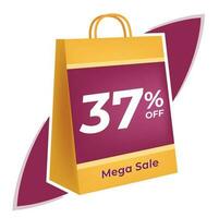 37 percent off. 3D Yellow shopping bag concept in white background. vector