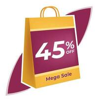 45 percent off. 3D Yellow shopping bag concept in white background. vector