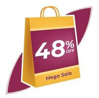 48 percent off. 3D Yellow shopping bag concept in white background. vector