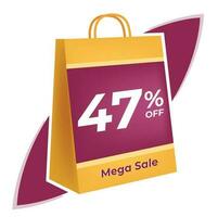 47 percent off. 3D Yellow shopping bag concept in white background. vector