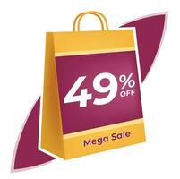 49 percent off. 3D Yellow shopping bag concept in white background. vector