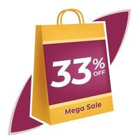 33 percent off. 3D Yellow shopping bag concept in white background. vector