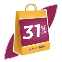 31 percent off. 3D Yellow shopping bag concept in white background. vector