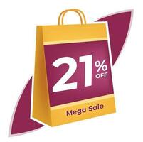 21 percent off. 3D Yellow shopping bag concept in white background. vector