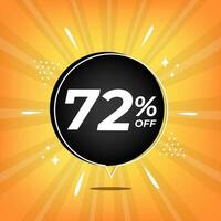 72 percent off. Yellow banner with seventy-two percent discount on a black balloon for mega big sales. vector