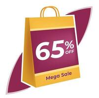 65 percent off. 3D Yellow shopping bag concept in white background. vector