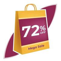 72 percent off. 3D Yellow shopping bag concept in white background. vector