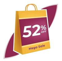 52 percent off. 3D Yellow shopping bag concept in white background. vector