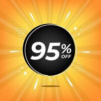 95 off. Yellow banner with ninety-five percent discount on a black balloon for mega big sales. vector