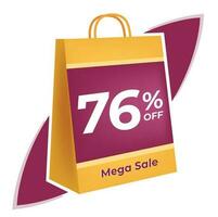 76 percent off. 3D Yellow shopping bag concept in white background. vector