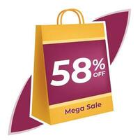 58 percent off. 3D Yellow shopping bag concept in white background. vector