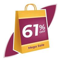 61 percent off. 3D Yellow shopping bag concept in white background. vector