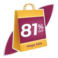 81 percent off. 3D Yellow shopping bag concept in white background. vector