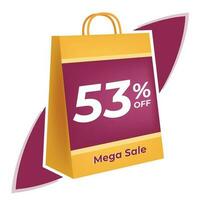 53 percent off. 3D Yellow shopping bag concept in white background. vector