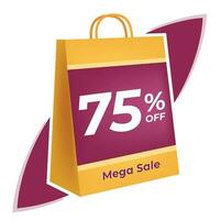 75 percent off. 3D Yellow shopping bag concept in white background. vector