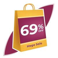 69 percent off. 3D Yellow shopping bag concept in white background. vector