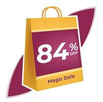 84 percent off. 3D Yellow shopping bag concept in white background. vector