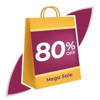 80 percent off. 3D Yellow shopping bag concept in white background. vector