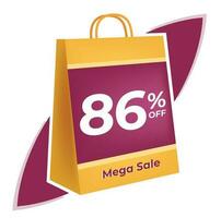 86 percent off. 3D Yellow shopping bag concept in white background. vector