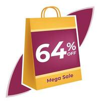 64 percent off. 3D Yellow shopping bag concept in white background. vector