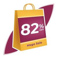 82 percent off. 3D Yellow shopping bag concept in white background. vector