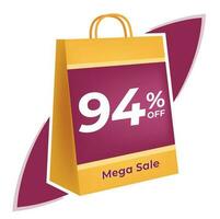 94 percent off. 3D Yellow shopping bag concept in white background. vector