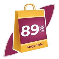 89 percent off. 3D Yellow shopping bag concept in white background. vector