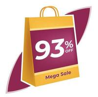 93 percent off. 3D Yellow shopping bag concept in white background. vector