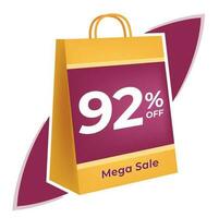 92 percent off. 3D Yellow shopping bag concept in white background. vector